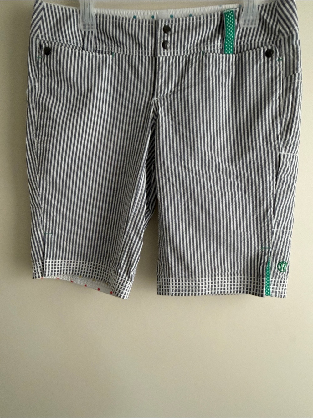 lululemon athletica Women's Navy and White Striped Shorts with Green Trim